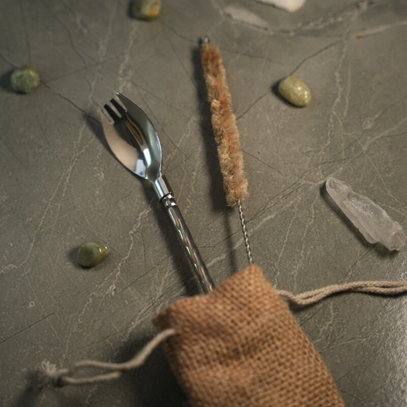 4 in 1 Spork Straw Stirrer ! with Sisal brush & Jute pouch
